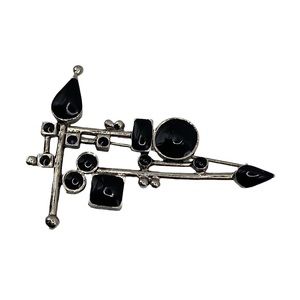 Modernist Silver Tone and Black Abstract Brooch Pin 2 ½ Inches Wide